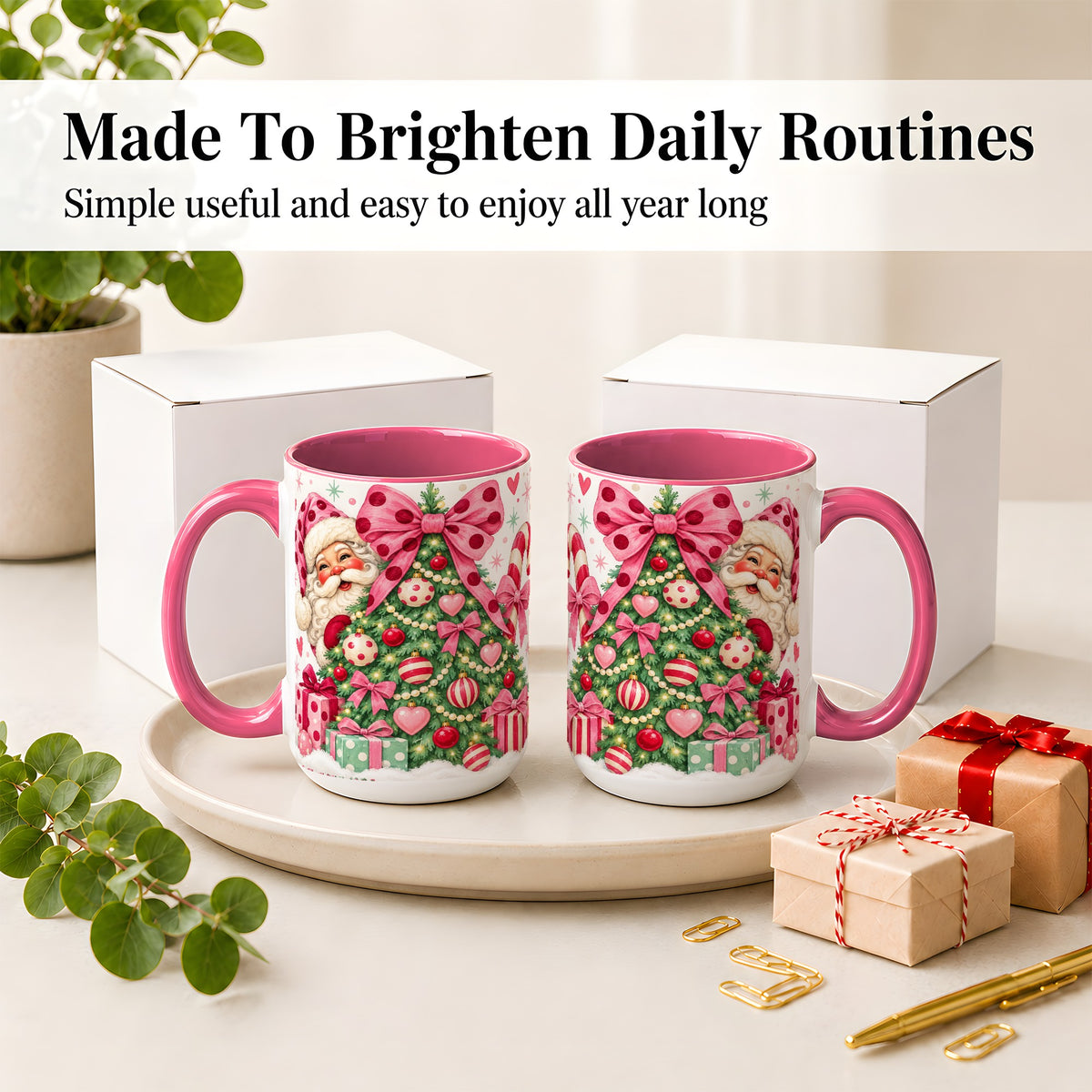 #pl[15oz|Pink] Pink Bow Christmas Tree Accent Mug, Ceramic Mug