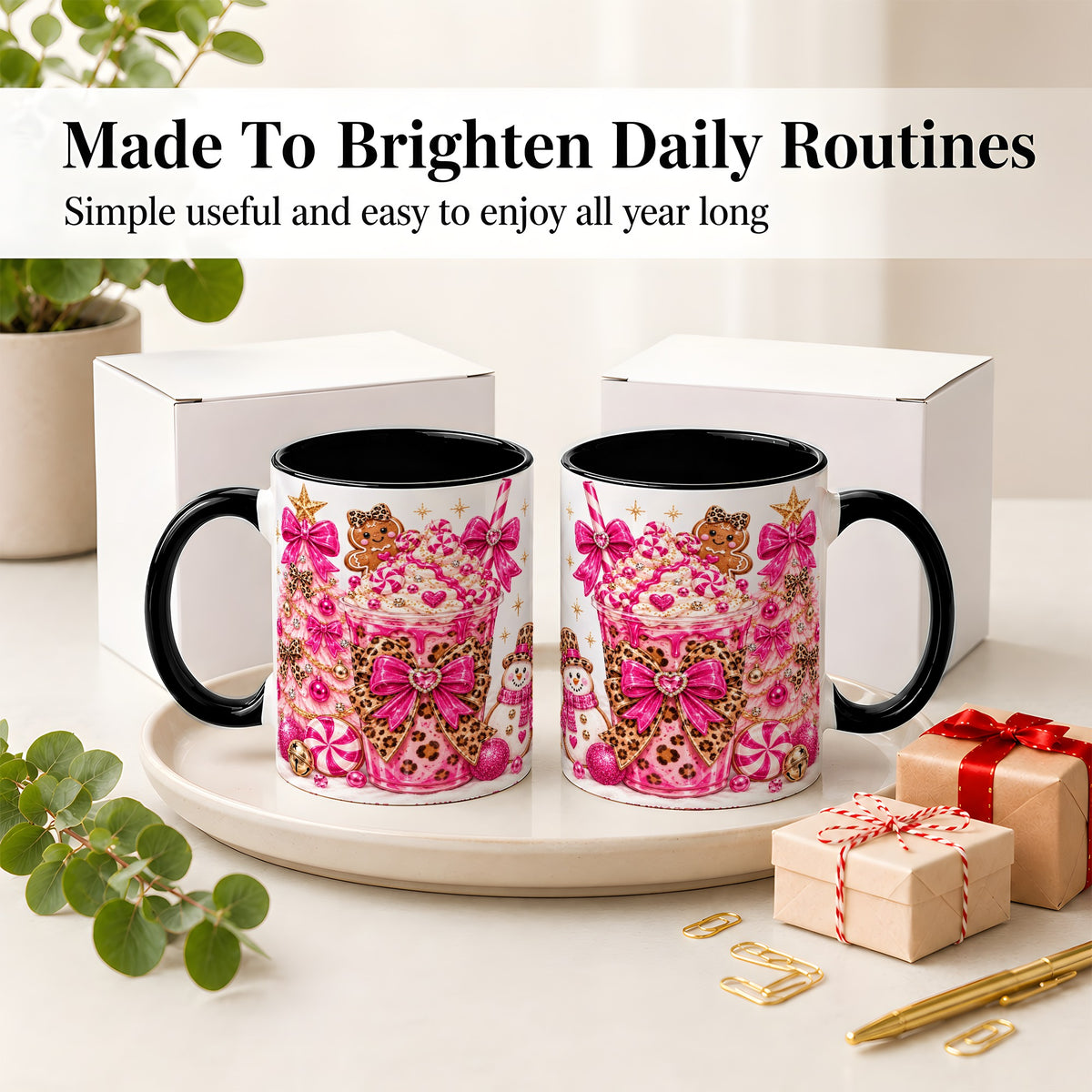 #pl[11oz|Black] Pink Christmas Treat Accent Mug, Ceramic Mug