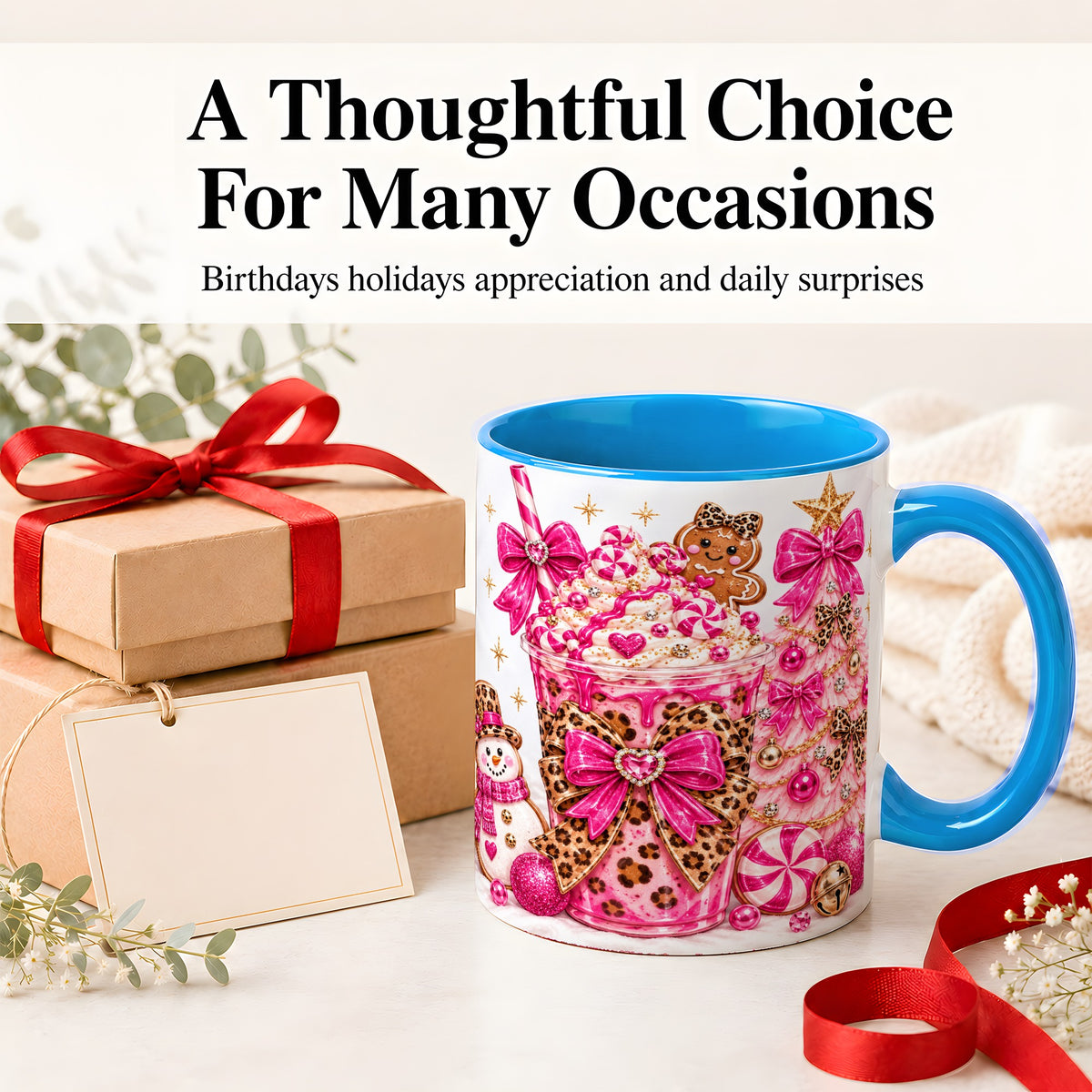#pl[11oz|Blue] Pink Christmas Treat Accent Mug, Ceramic Mug