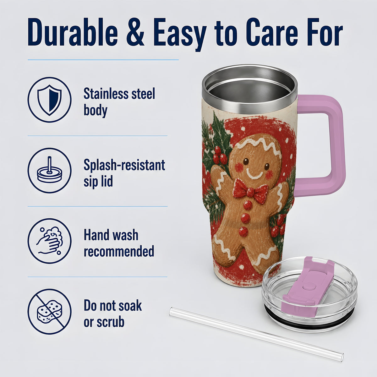 #pl[40oz|Pink] Gingerbread Man Christmas 40oz Tumbler, Holiday Artwork Drinkware