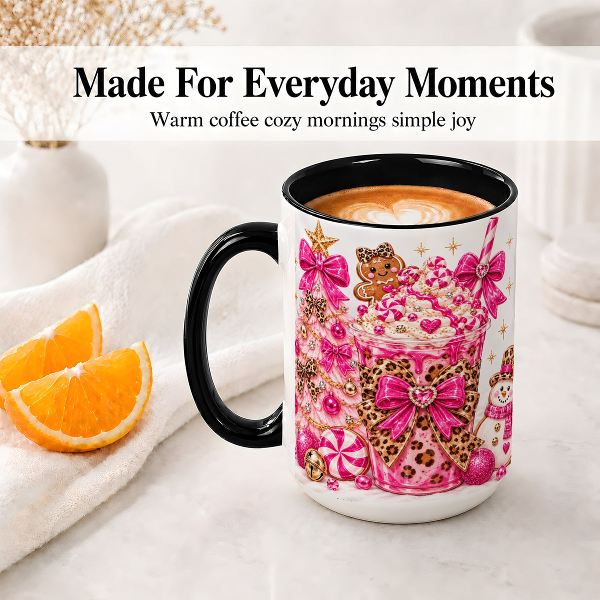 #pl[15oz|Black] Pink Christmas Treat Accent Mug, Ceramic Mug