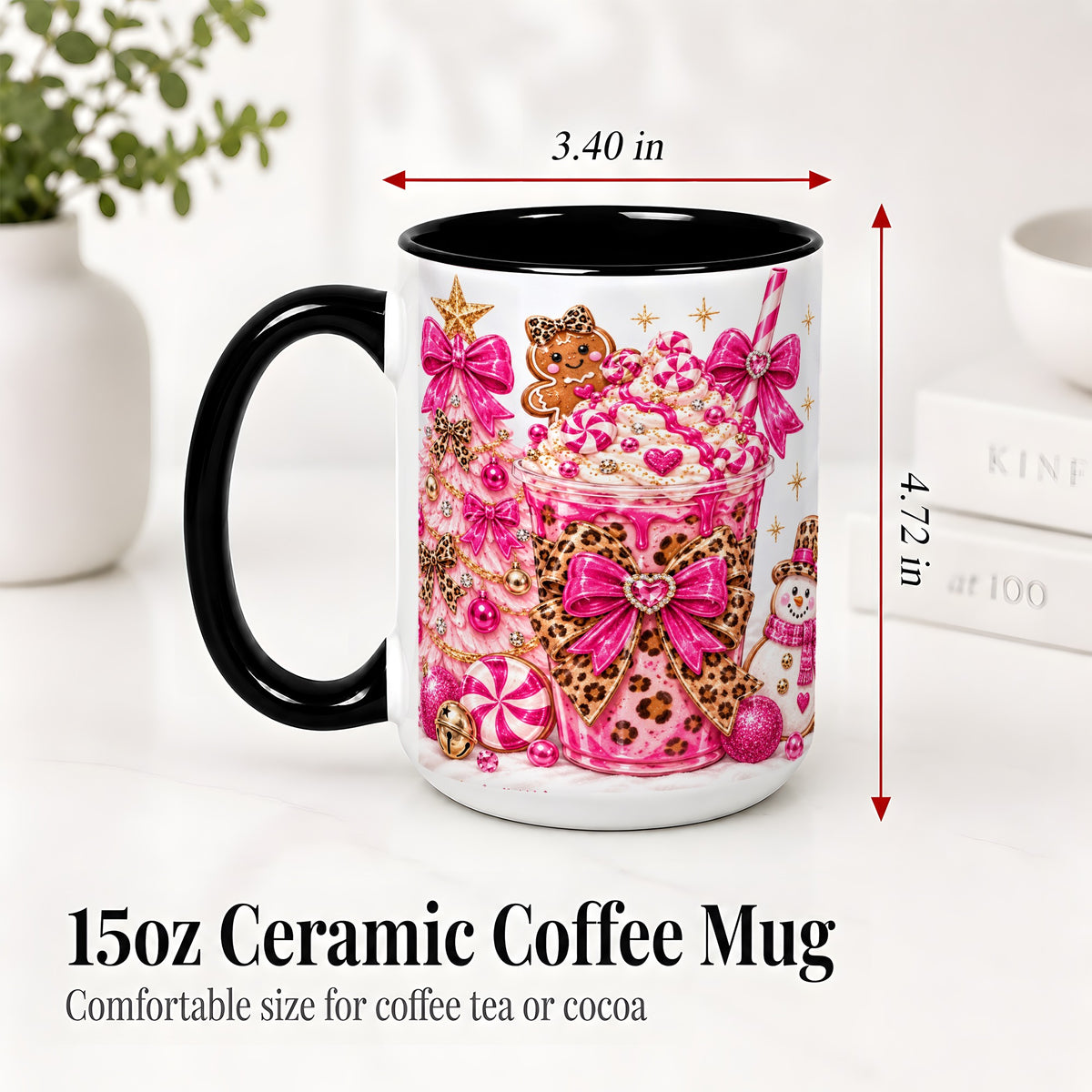 #pl[15oz|Black] Pink Christmas Treat Accent Mug, Ceramic Mug