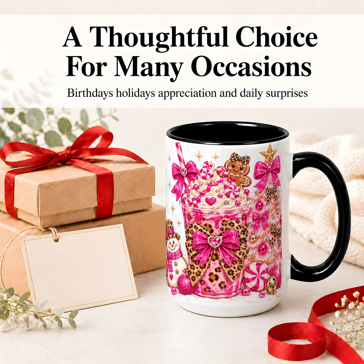 #pl[15oz|Black] Pink Christmas Treat Accent Mug, Ceramic Mug