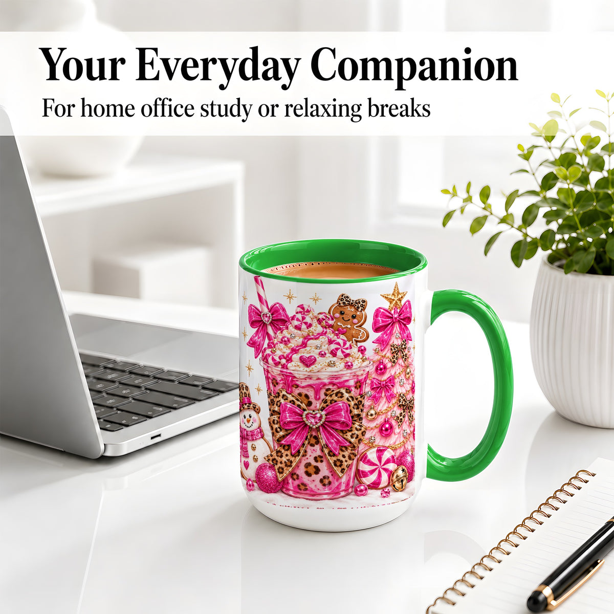 #pl[15oz|Green] Pink Christmas Treat Accent Mug, Ceramic Mug