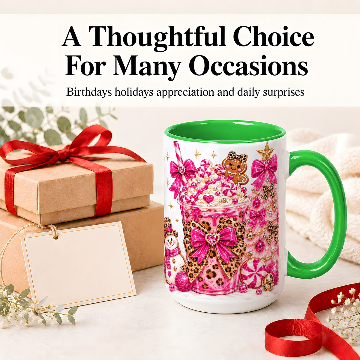 #pl[15oz|Green] Pink Christmas Treat Accent Mug, Ceramic Mug