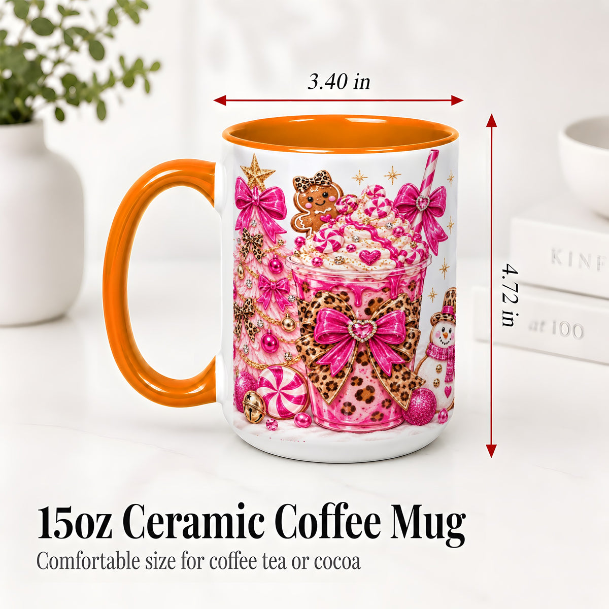 #pl[15oz|Orange] Pink Christmas Treat Accent Mug, Ceramic Mug