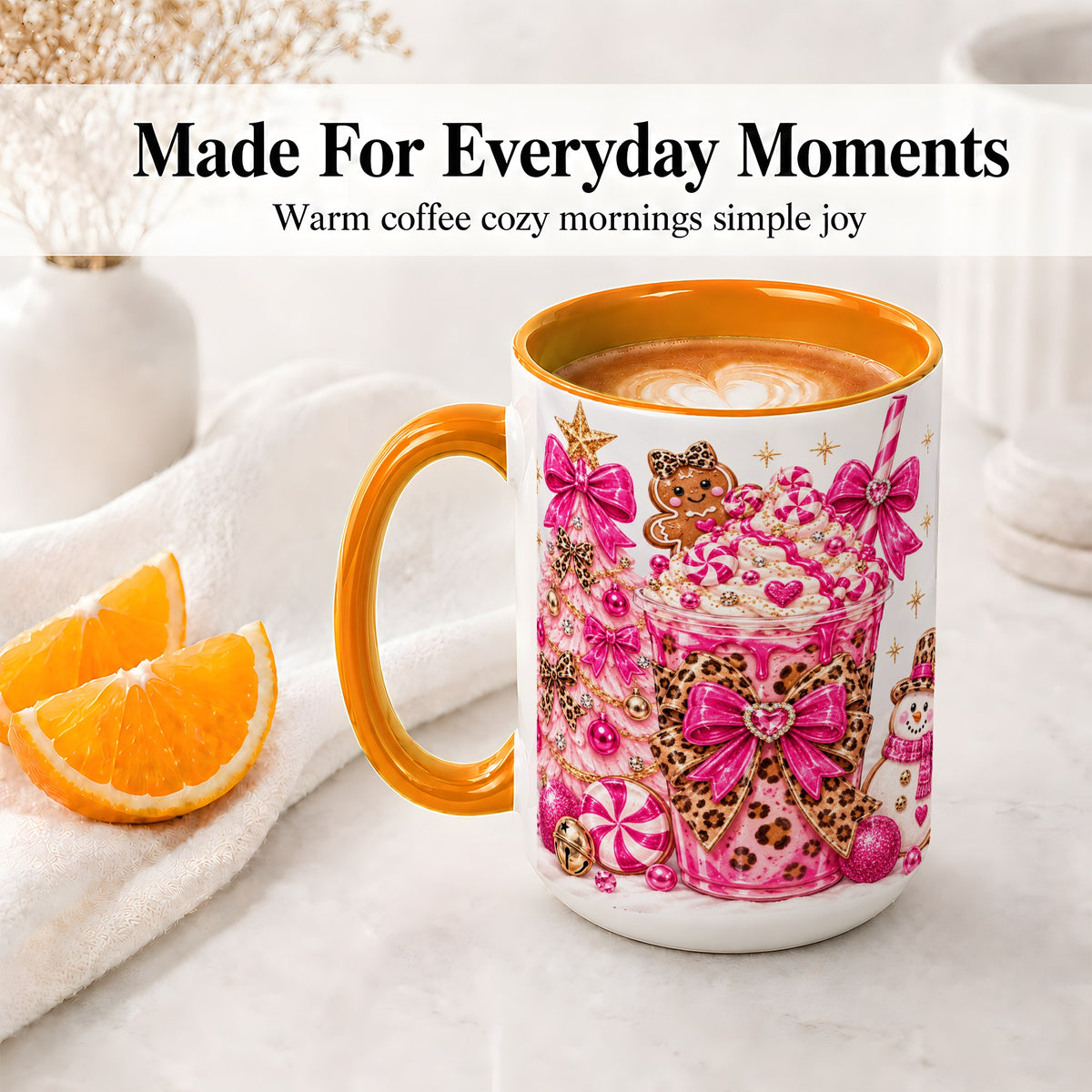 #pl[15oz|Orange] Pink Christmas Treat Accent Mug, Ceramic Mug