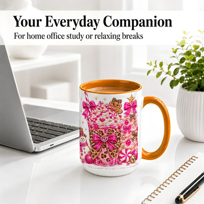 #pl[15oz|Orange] Pink Christmas Treat Accent Mug, Ceramic Mug