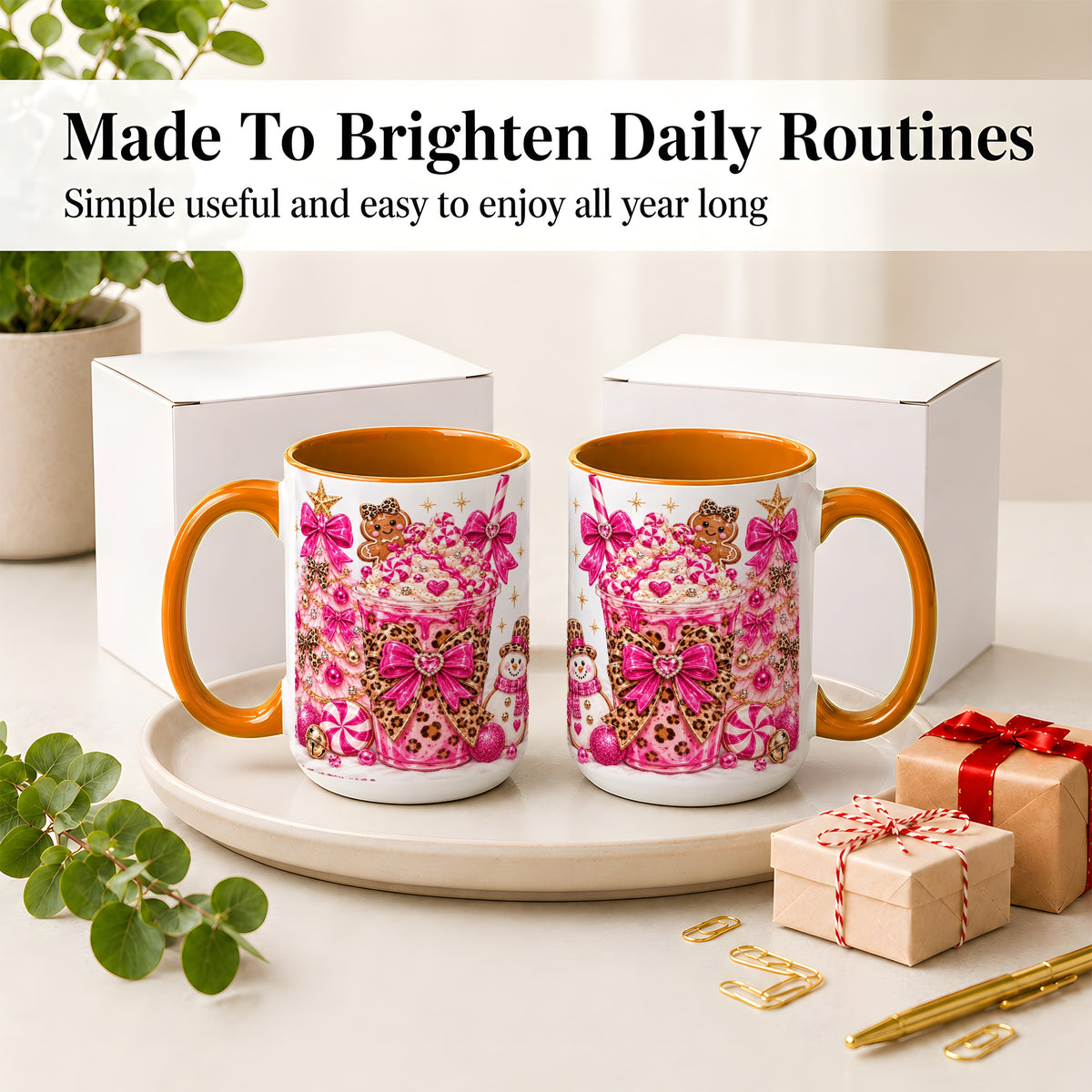 #pl[15oz|Orange] Pink Christmas Treat Accent Mug, Ceramic Mug