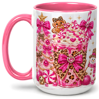 #pl[15oz|Pink] Pink Christmas Treat Accent Mug, Ceramic Mug