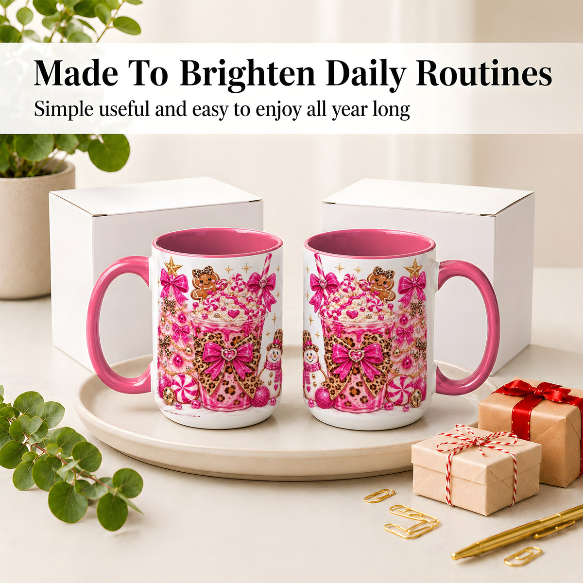 #pl[15oz|Pink] Pink Christmas Treat Accent Mug, Ceramic Mug