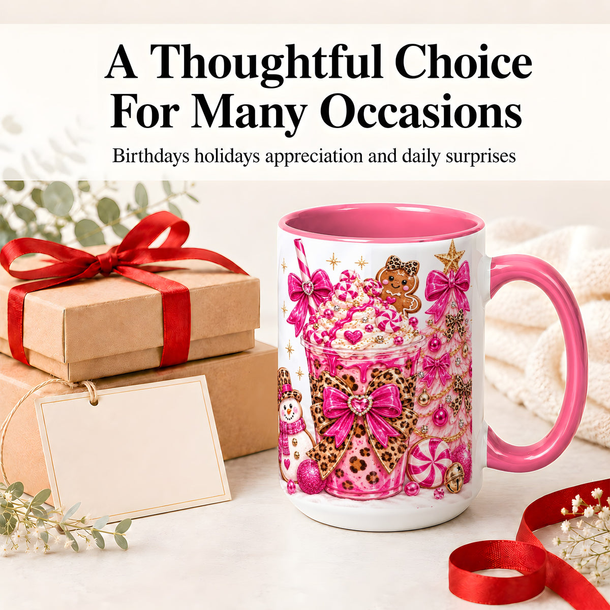 #pl[15oz|Pink] Pink Christmas Treat Accent Mug, Ceramic Mug