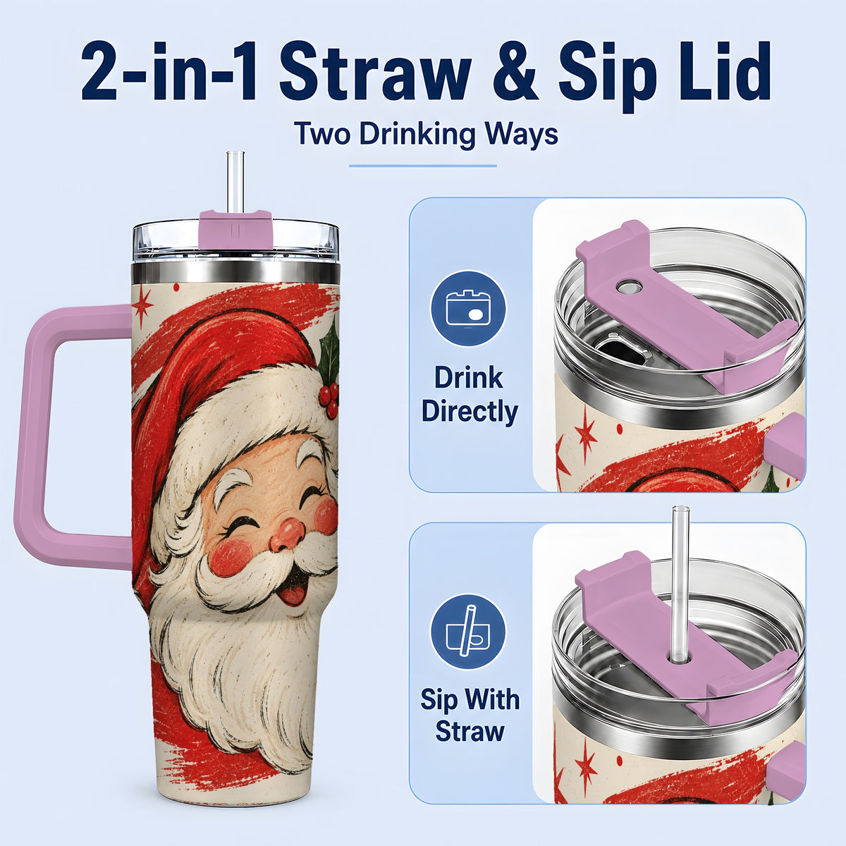 #pl[40oz|Pink] Retro Santa Claus 40oz Tumbler, Christmas Artwork Drinkware