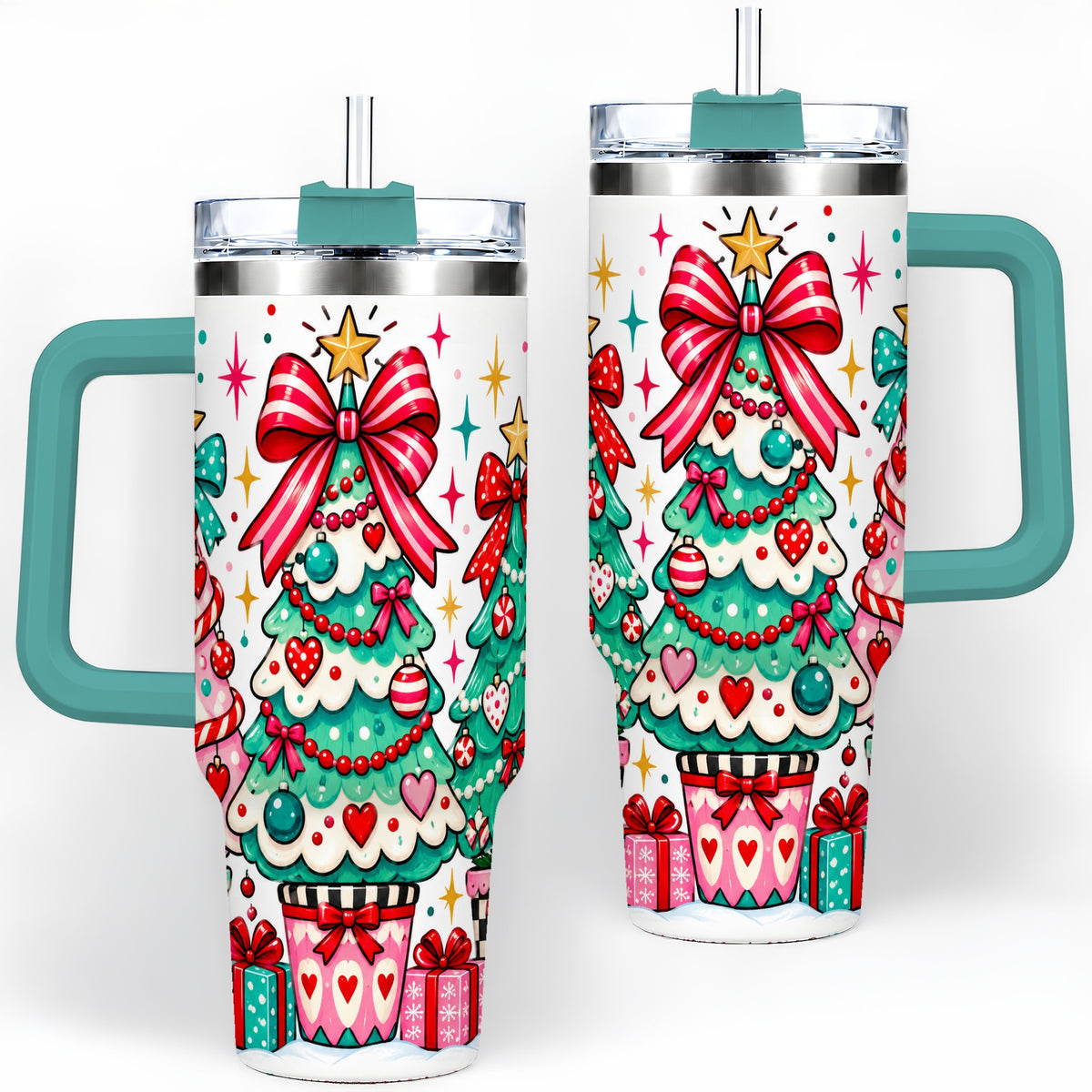 #pl[40oz|Green] Colorful Christmas Trees 40oz Tumbler, Festive Artwork Drinkware