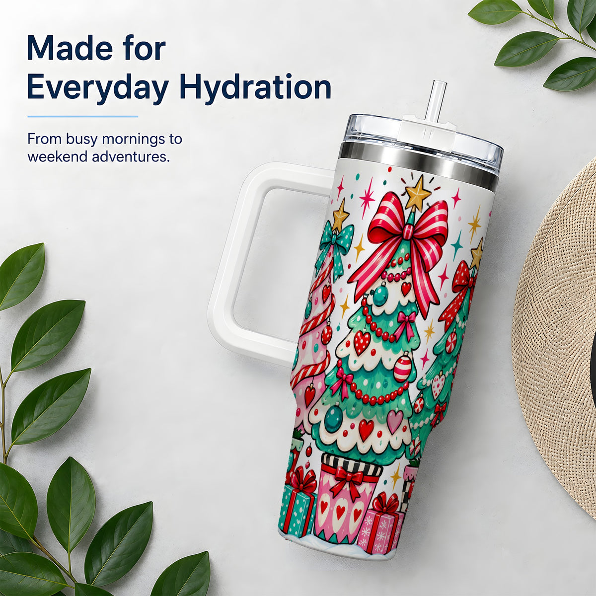#pl[40oz|White] Colorful Christmas Trees 40oz Tumbler, Festive Artwork Drinkware
