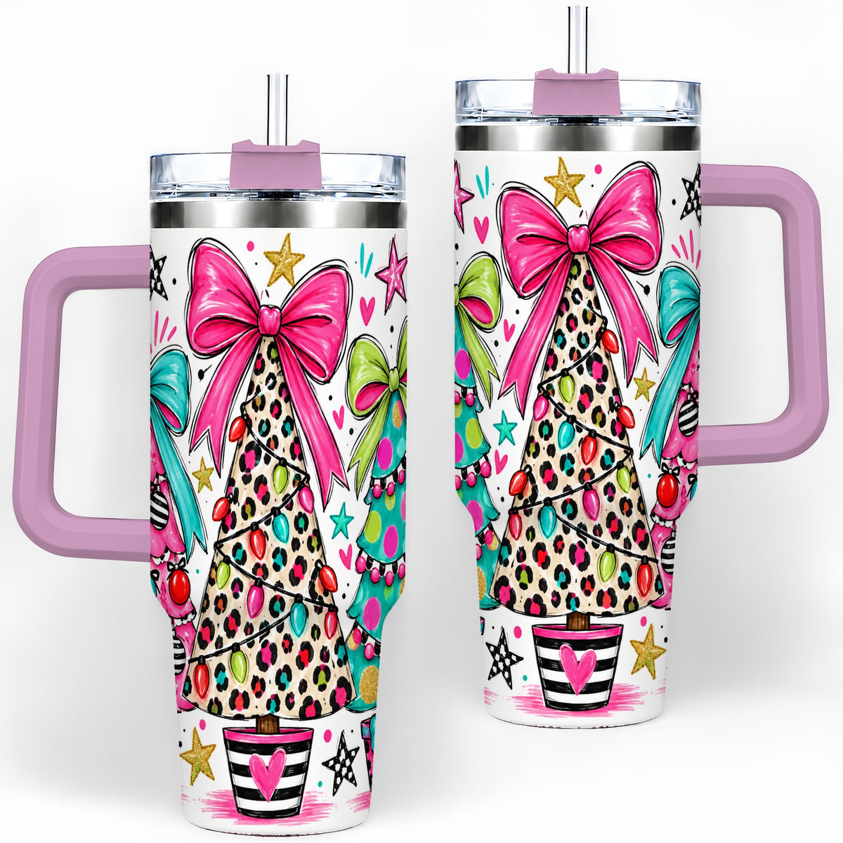 #pl[40oz|Pink] Funky Christmas Trees 40oz Tumbler, Colorful Holiday Artwork Drinkware
