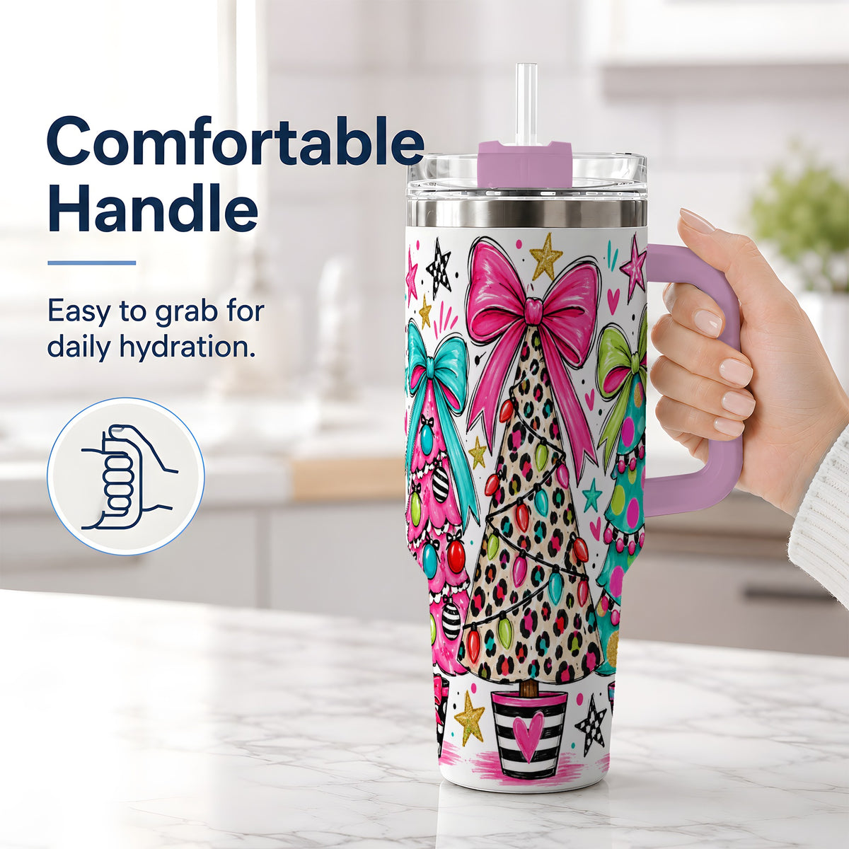 #pl[40oz|Pink] Funky Christmas Trees 40oz Tumbler, Colorful Holiday Artwork Drinkware