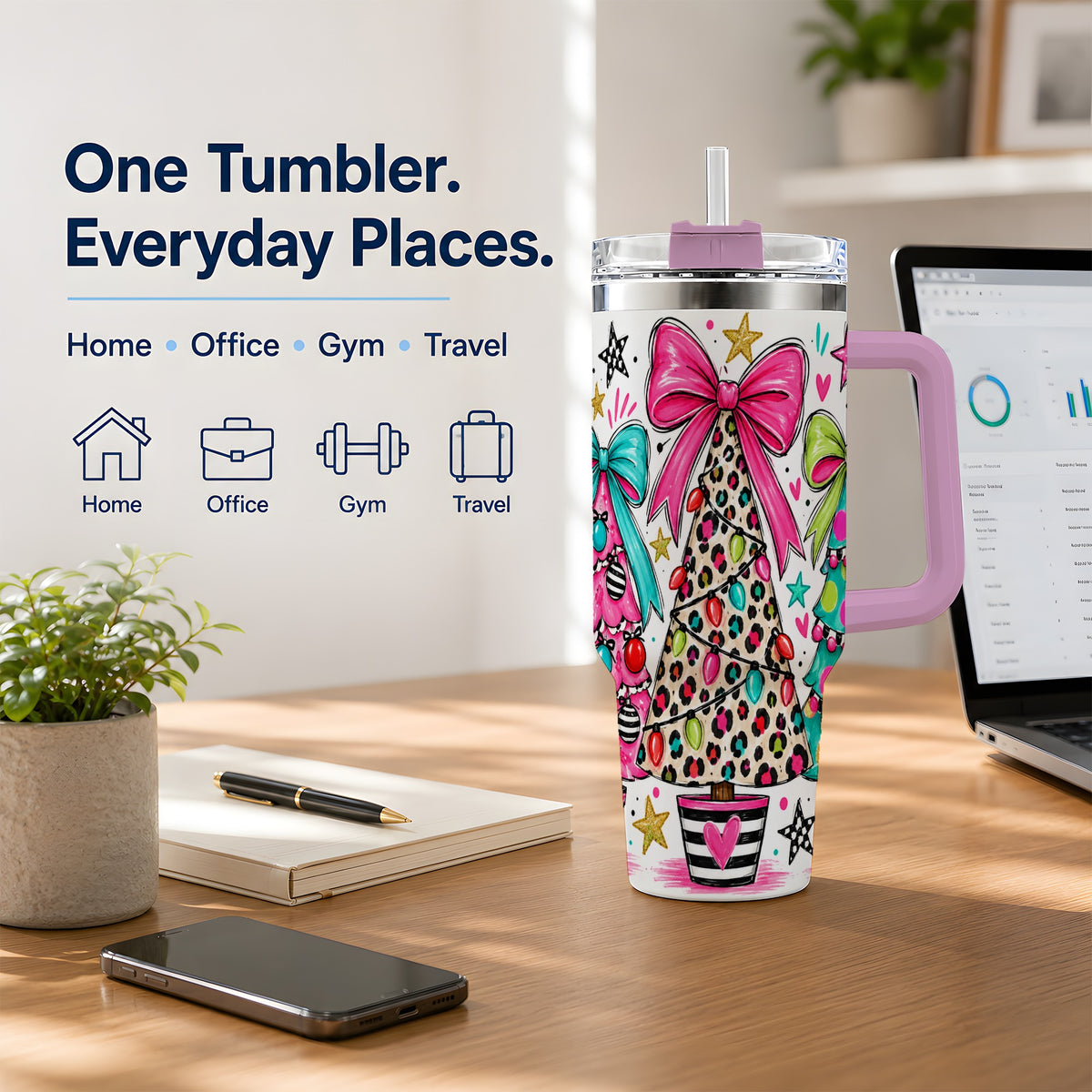 #pl[40oz|Pink] Funky Christmas Trees 40oz Tumbler, Colorful Holiday Artwork Drinkware