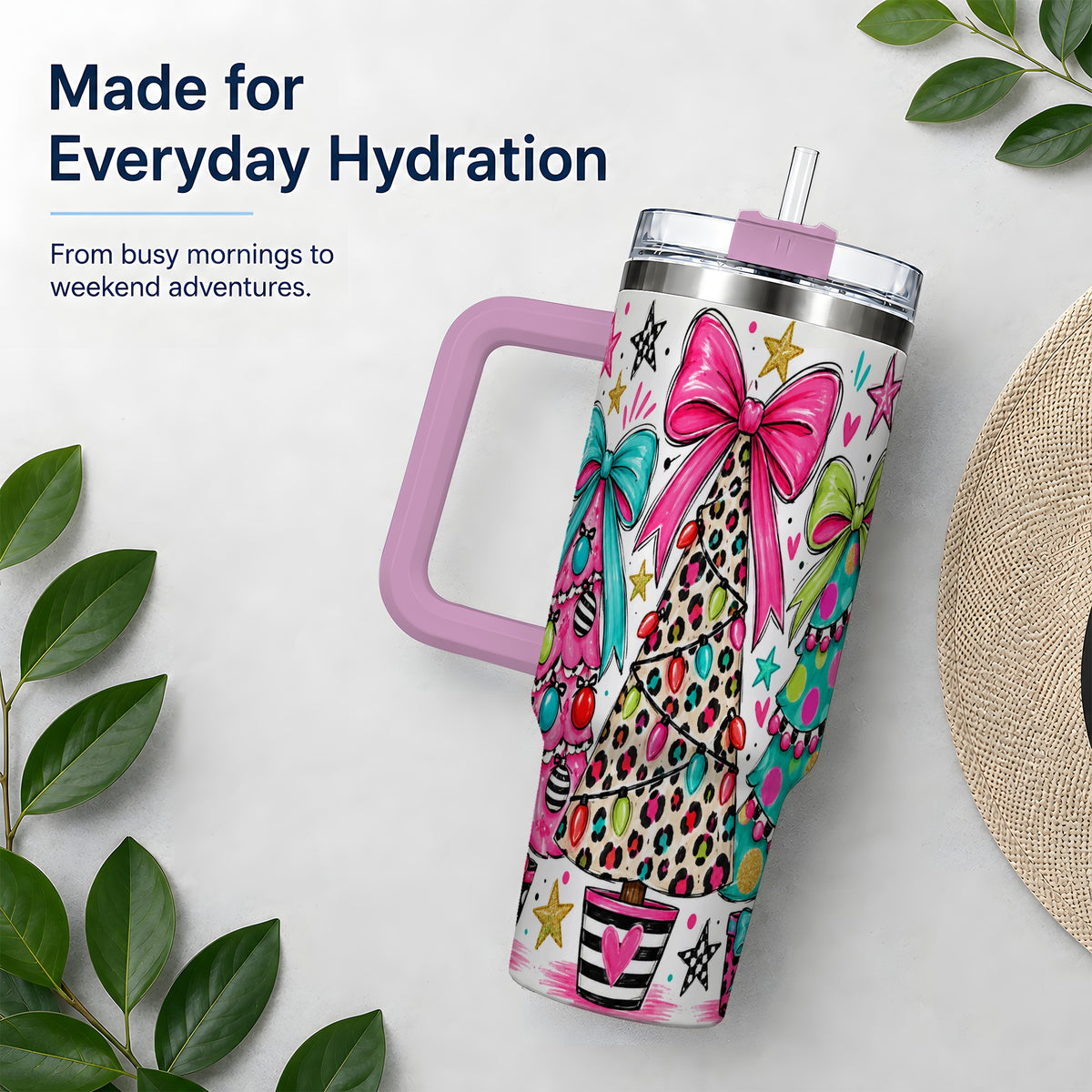 #pl[40oz|Pink] Funky Christmas Trees 40oz Tumbler, Colorful Holiday Artwork Drinkware