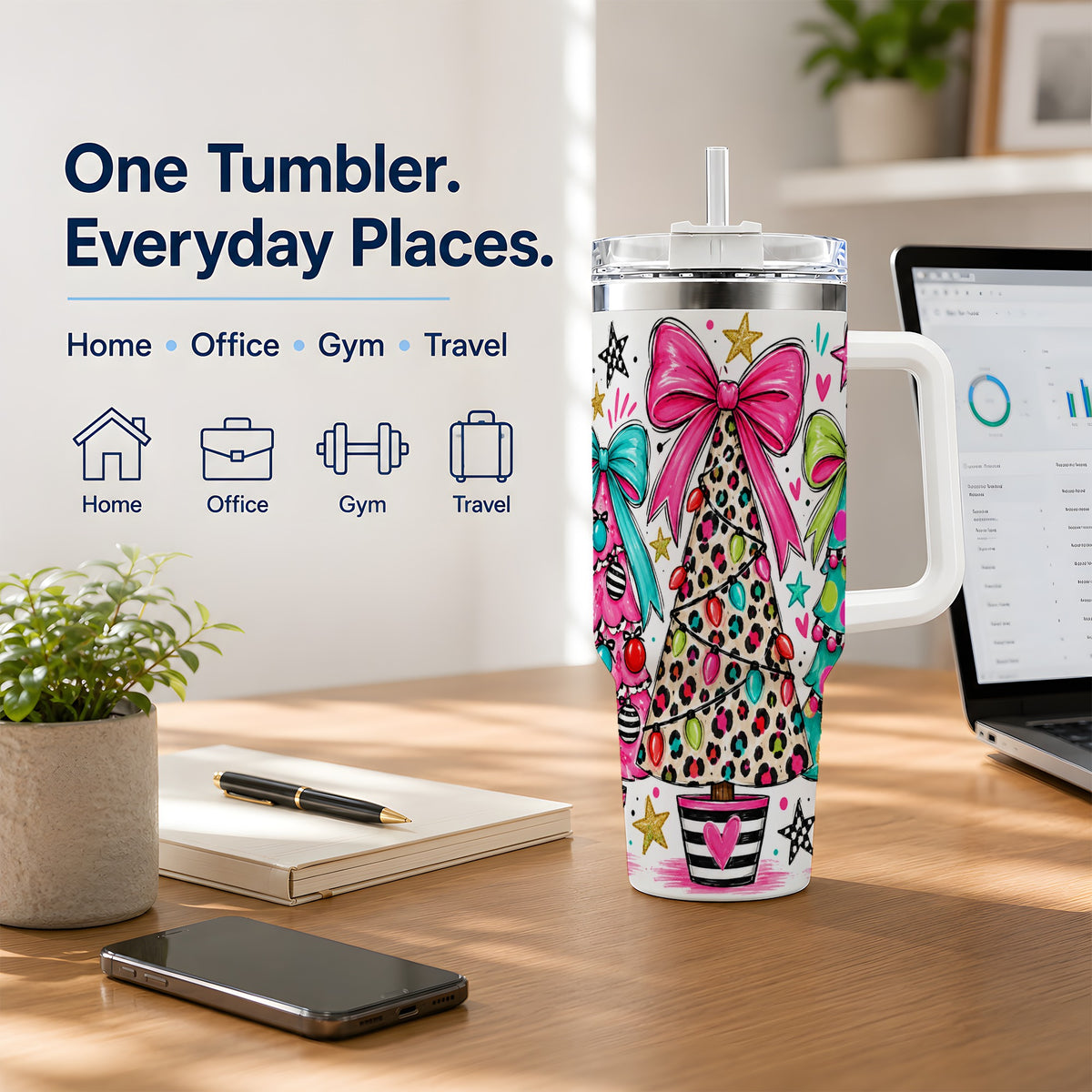 #pl[40oz|White] Funky Christmas Trees 40oz Tumbler, Colorful Holiday Artwork Drinkware