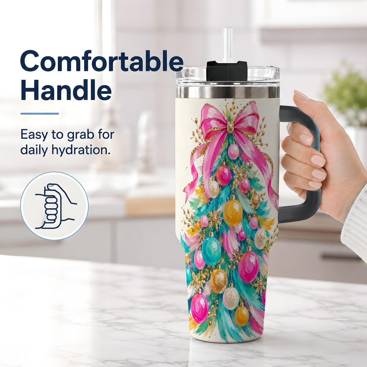 #pl[40oz|Black] Pink Bow Christmas Tree 40oz Tumbler, Stainless Steel Holiday Drinkware