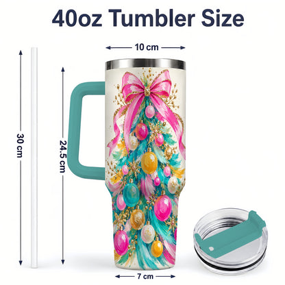 #pl[40oz|Green] Pink Bow Christmas Tree 40oz Tumbler, Stainless Steel Holiday Drinkware