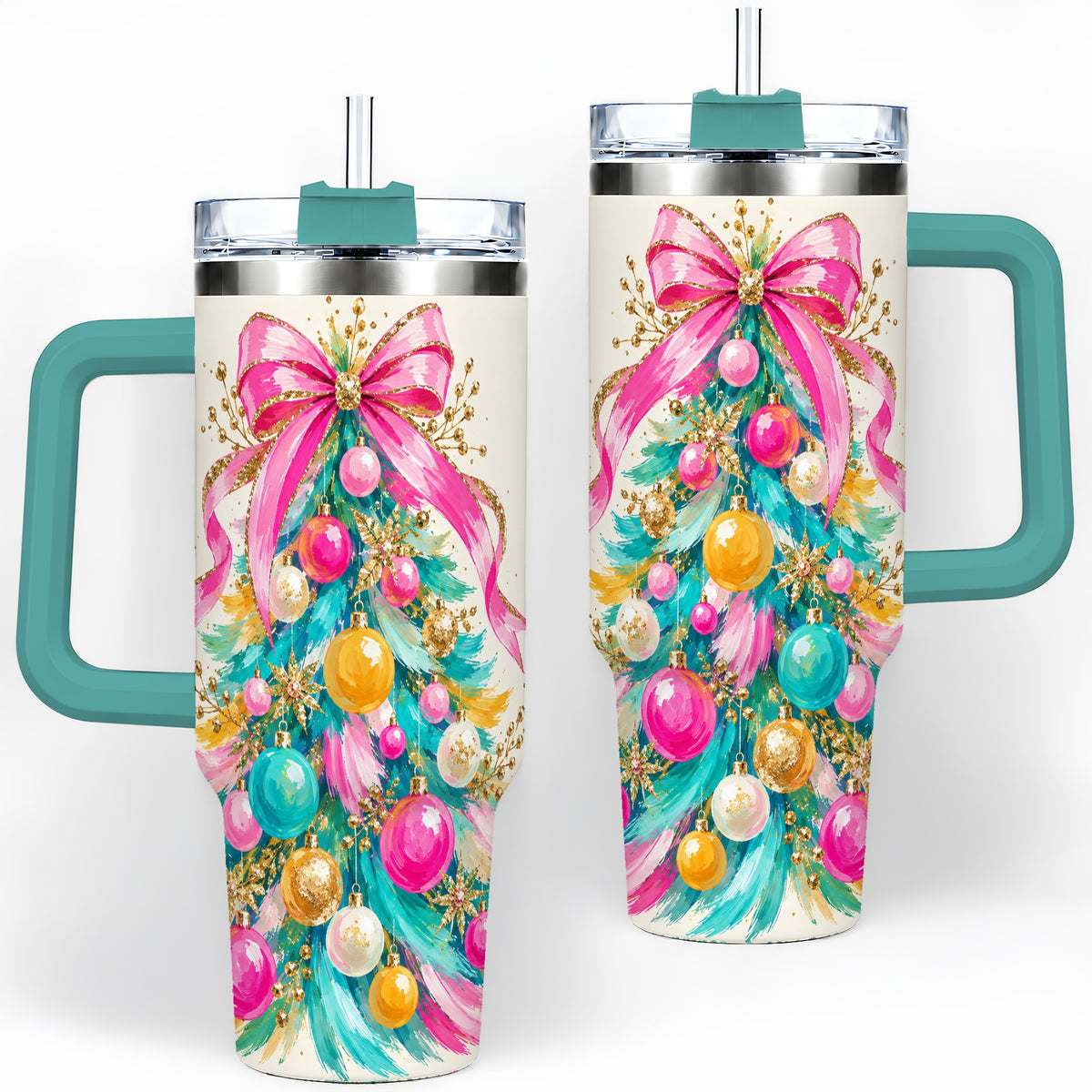 #pl[40oz|Green] Pink Bow Christmas Tree 40oz Tumbler, Stainless Steel Holiday Drinkware