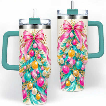 #pl[40oz|Green] Pink Bow Christmas Tree 40oz Tumbler, Stainless Steel Holiday Drinkware