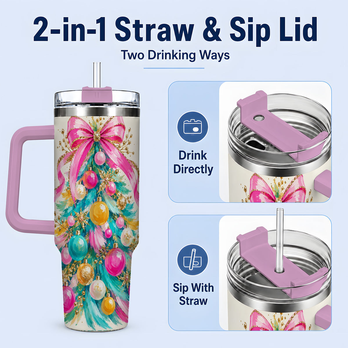 #pl[40oz|Pink] Pink Bow Christmas Tree 40oz Tumbler, Stainless Steel Holiday Drinkware