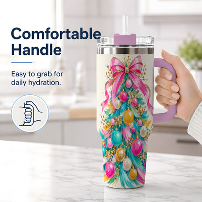 #pl[40oz|Pink] Pink Bow Christmas Tree 40oz Tumbler, Stainless Steel Holiday Drinkware