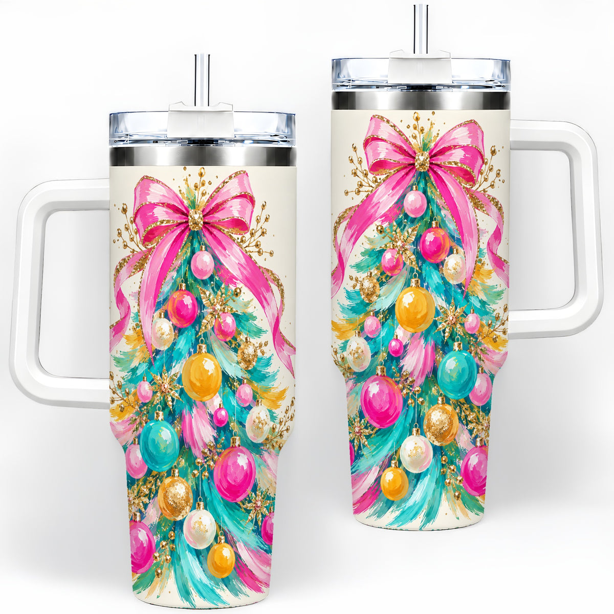 Pink Bow Christmas Tree 40oz Tumbler, Stainless Steel Holiday Drinkware