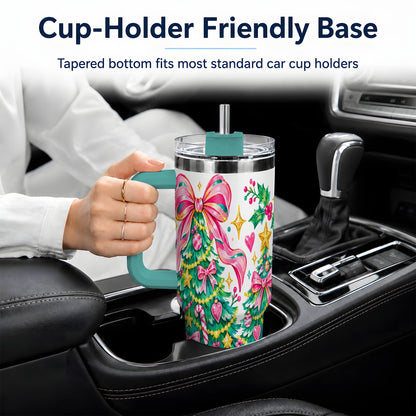 #pl[40oz|Green] Pink Christmas Tree 40oz Tumbler, Stainless Steel Holiday Drinkware