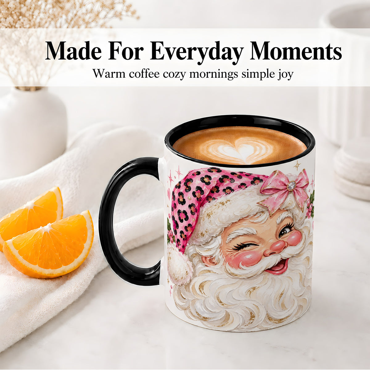 #pl[11oz|Black] Pink Santa Ceramic Mug, Leopard Hat Christmas Holiday Artwork