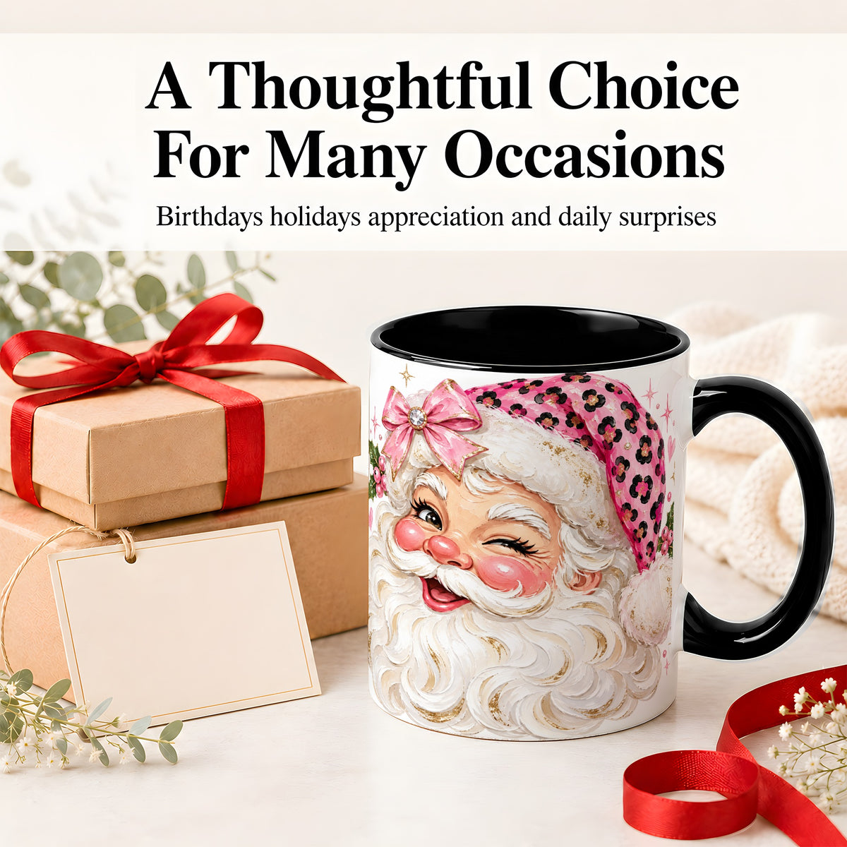 #pl[11oz|Black] Pink Santa Ceramic Mug, Leopard Hat Christmas Holiday Artwork