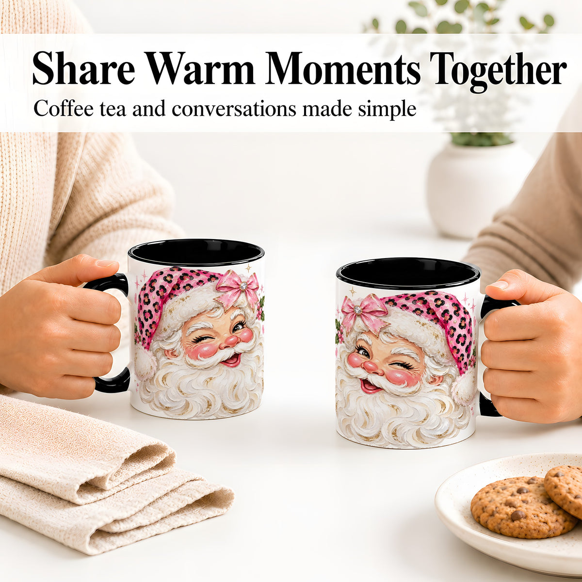 #pl[11oz|Black] Pink Santa Ceramic Mug, Leopard Hat Christmas Holiday Artwork
