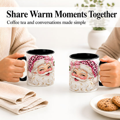 #pl[11oz|Black] Pink Santa Ceramic Mug, Leopard Hat Christmas Holiday Artwork