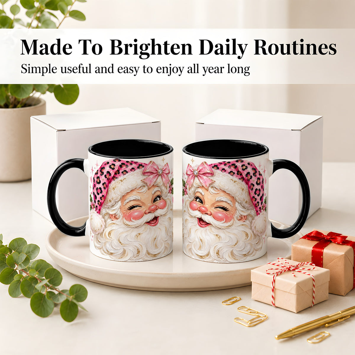 #pl[11oz|Black] Pink Santa Ceramic Mug, Leopard Hat Christmas Holiday Artwork