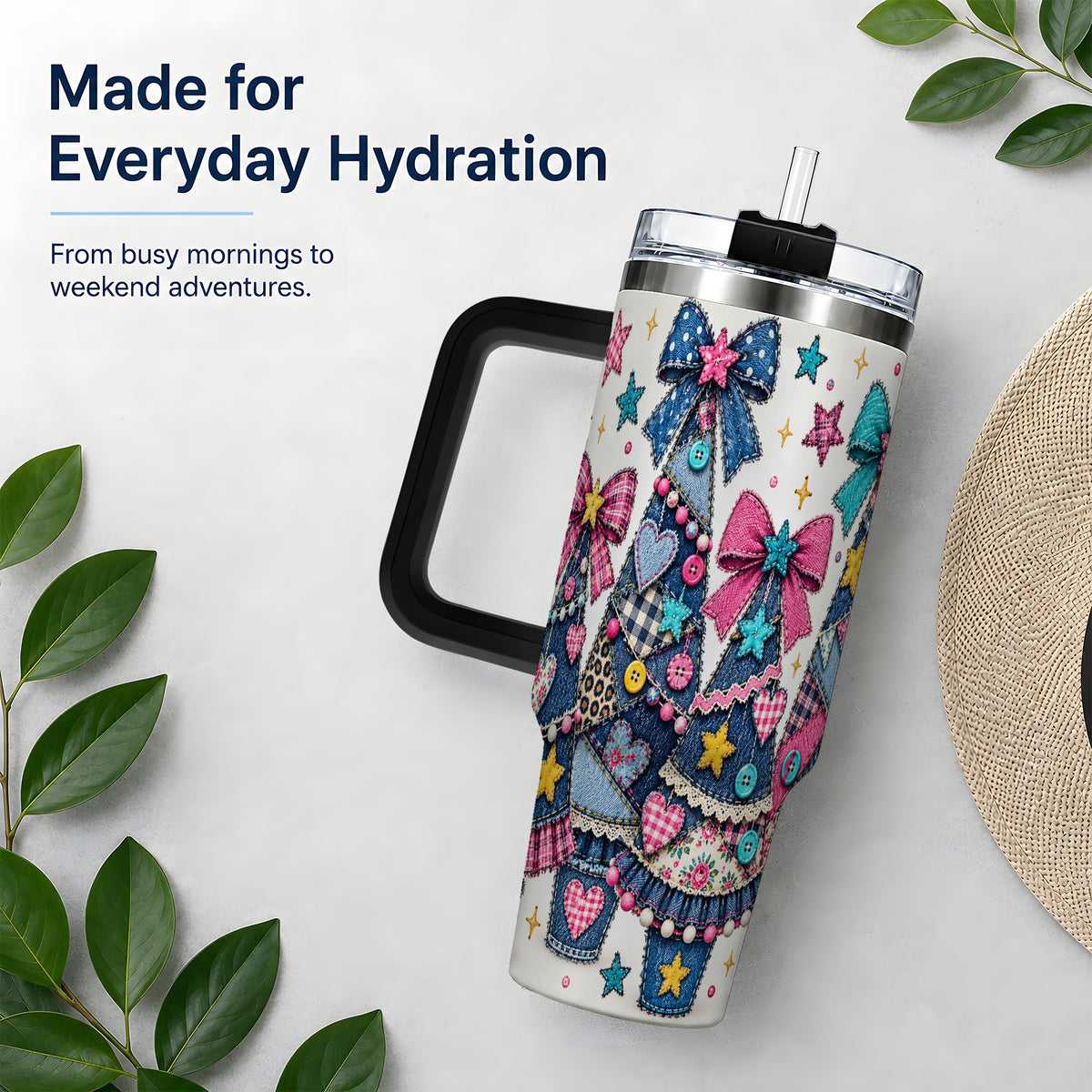 #pl[40oz|Black] Patchwork Christmas Tree 40oz Tumbler, Denim Style Holiday Artwork