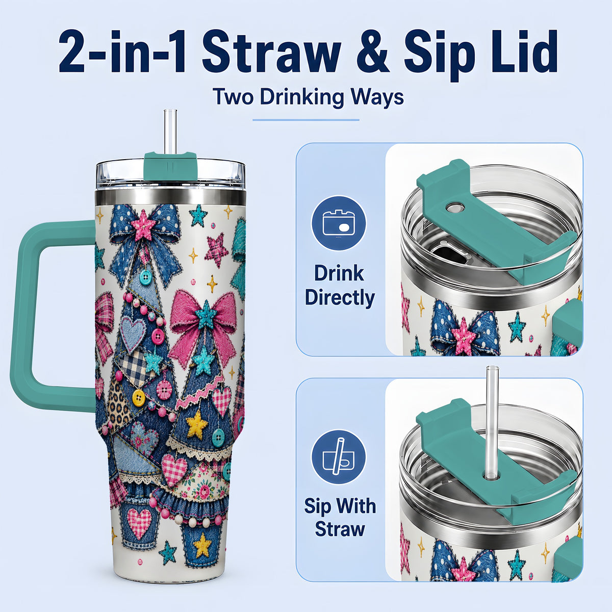 #pl[40oz|Green] Patchwork Christmas Tree 40oz Tumbler, Denim Style Holiday Artwork