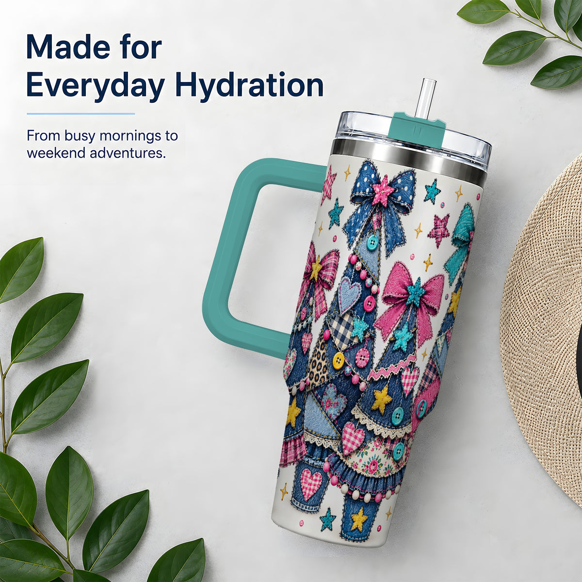 #pl[40oz|Green] Patchwork Christmas Tree 40oz Tumbler, Denim Style Holiday Artwork