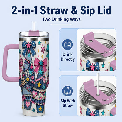 #pl[40oz|Pink] Patchwork Christmas Tree 40oz Tumbler, Denim Style Holiday Artwork