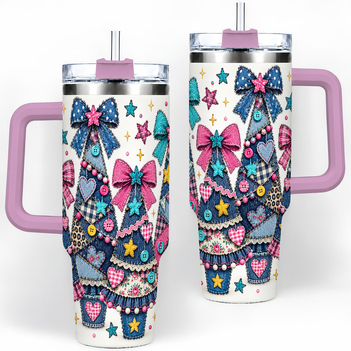 #pl[40oz|Pink] Patchwork Christmas Tree 40oz Tumbler, Denim Style Holiday Artwork