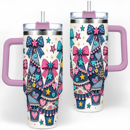 #pl[40oz|Pink] Patchwork Christmas Tree 40oz Tumbler, Denim Style Holiday Artwork