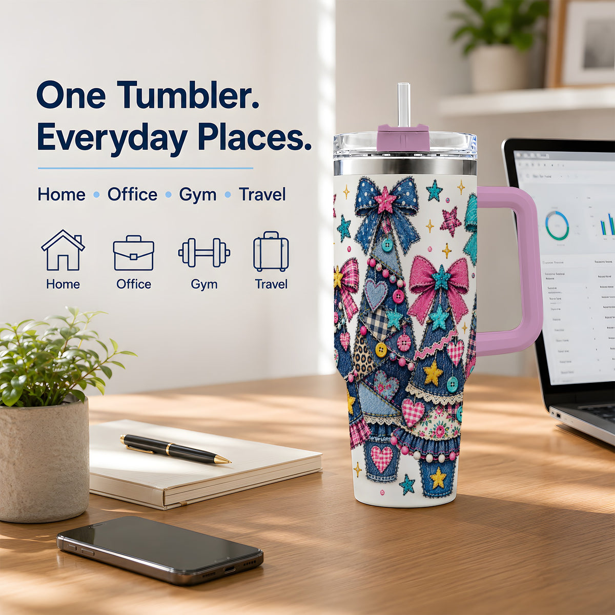 #pl[40oz|Pink] Patchwork Christmas Tree 40oz Tumbler, Denim Style Holiday Artwork