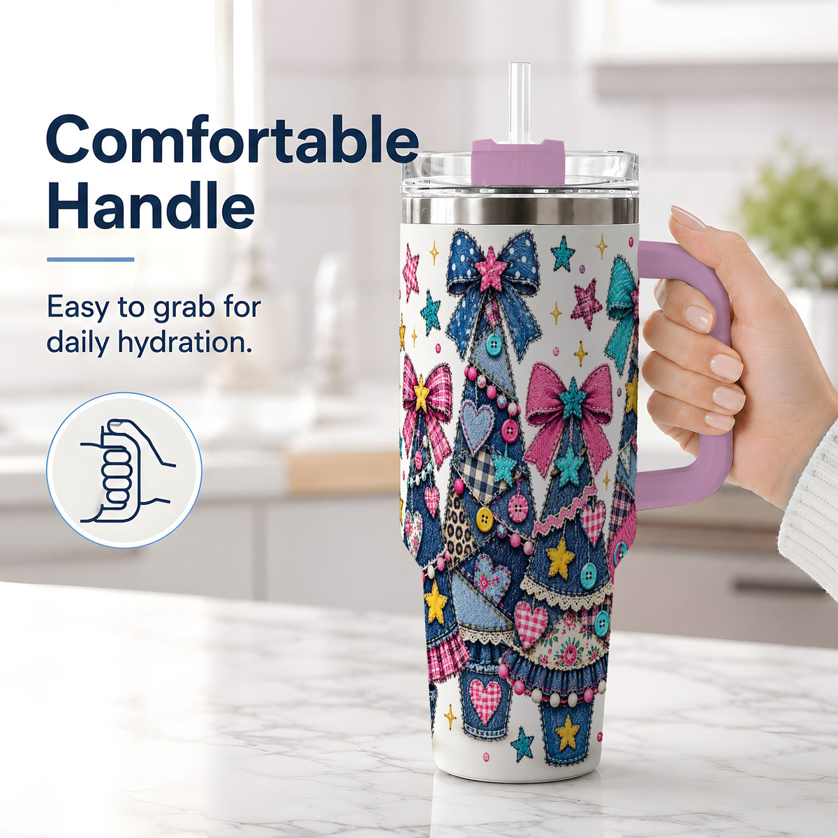 #pl[40oz|Pink] Patchwork Christmas Tree 40oz Tumbler, Denim Style Holiday Artwork