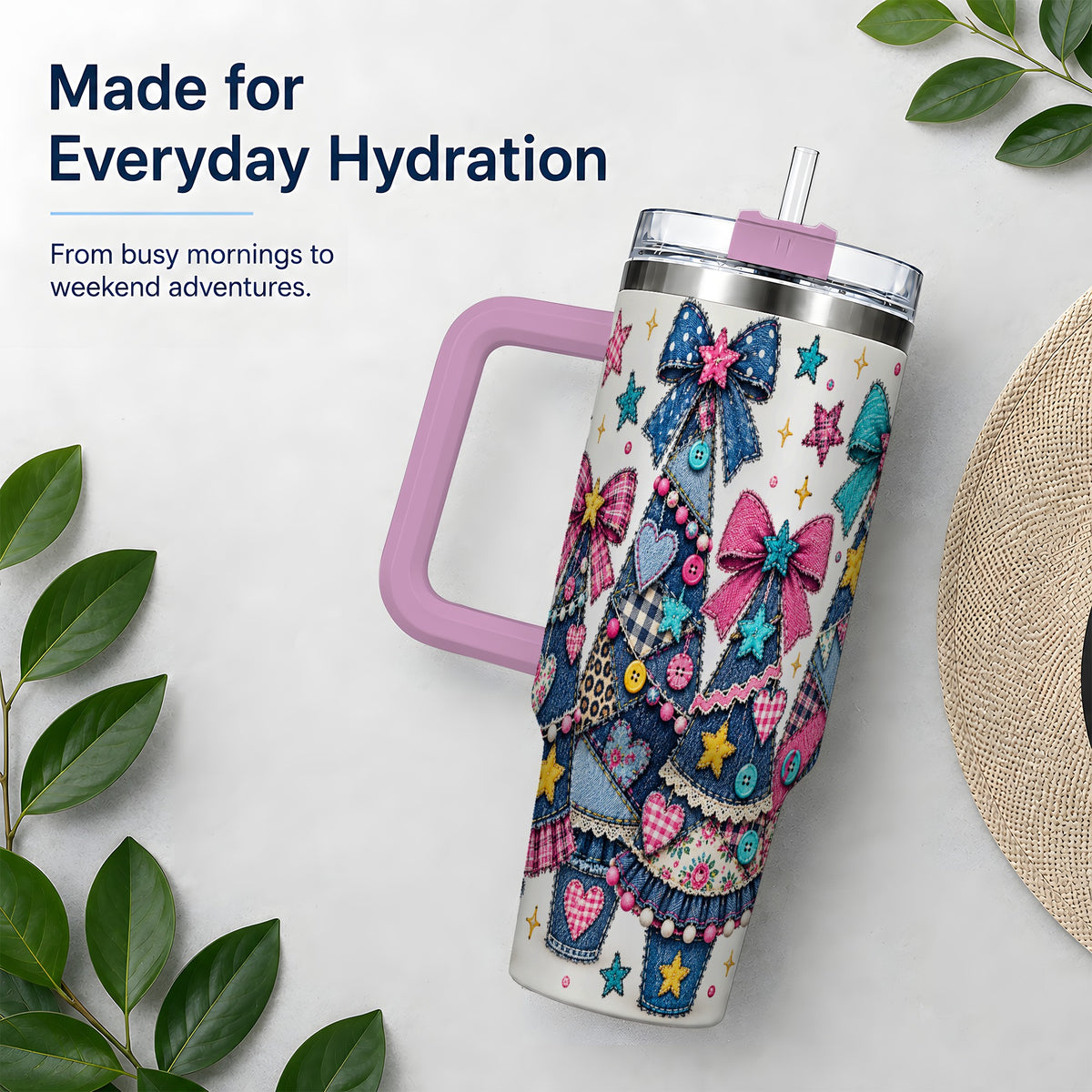#pl[40oz|Pink] Patchwork Christmas Tree 40oz Tumbler, Denim Style Holiday Artwork