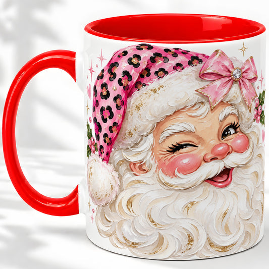 Pink Santa Ceramic Mug, Leopard Hat Christmas Holiday Artwork