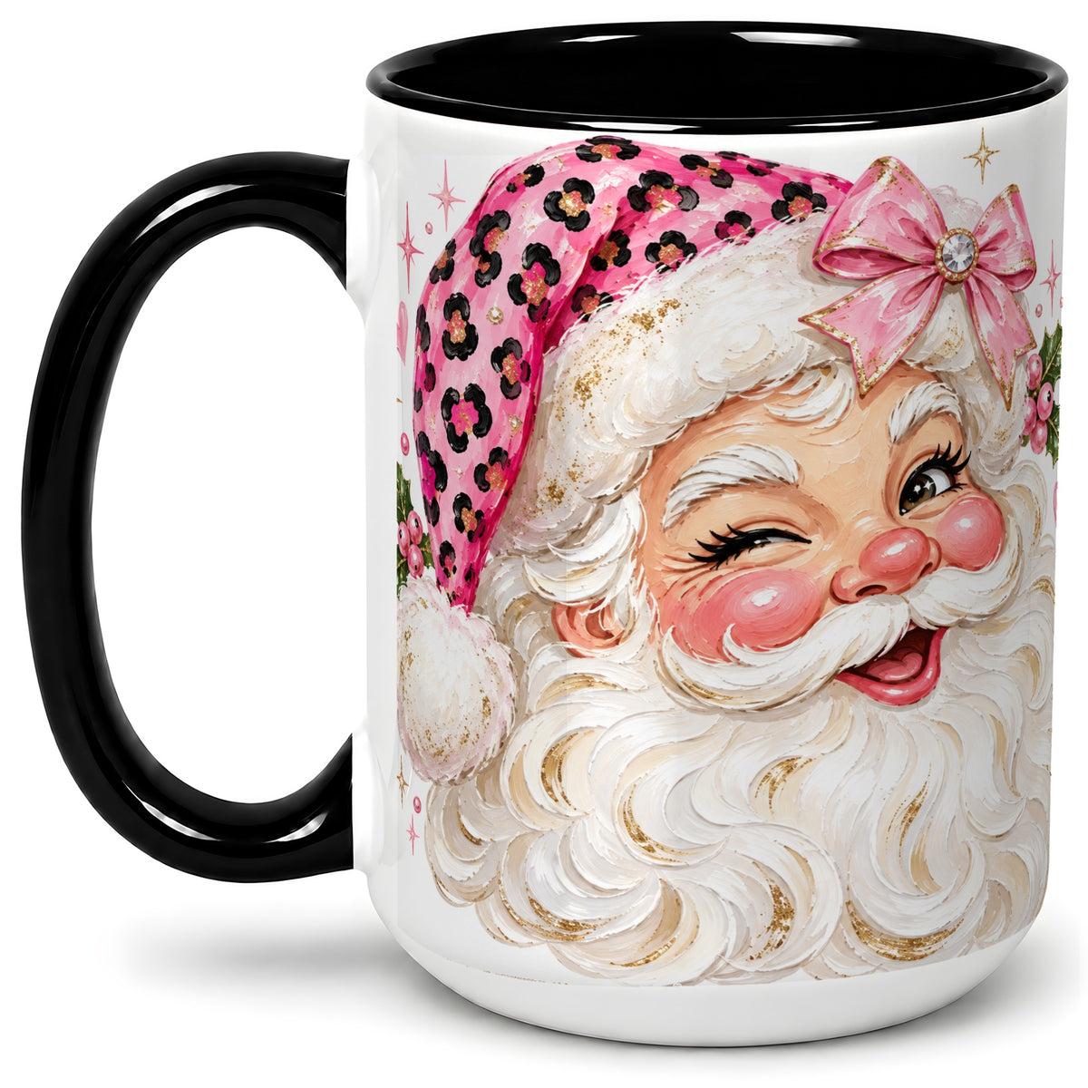 #pl[15oz|Black] Pink Santa Ceramic Mug, Leopard Hat Christmas Holiday Artwork