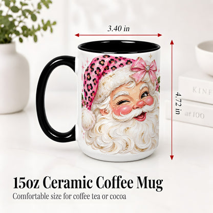 #pl[15oz|Black] Pink Santa Ceramic Mug, Leopard Hat Christmas Holiday Artwork