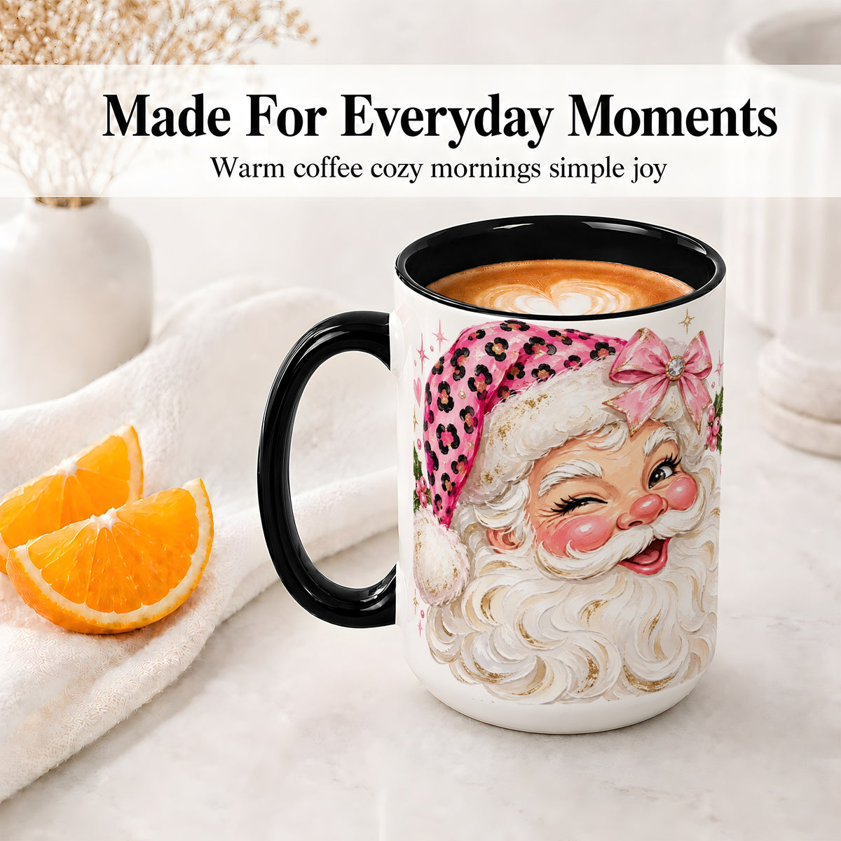 #pl[15oz|Black] Pink Santa Ceramic Mug, Leopard Hat Christmas Holiday Artwork